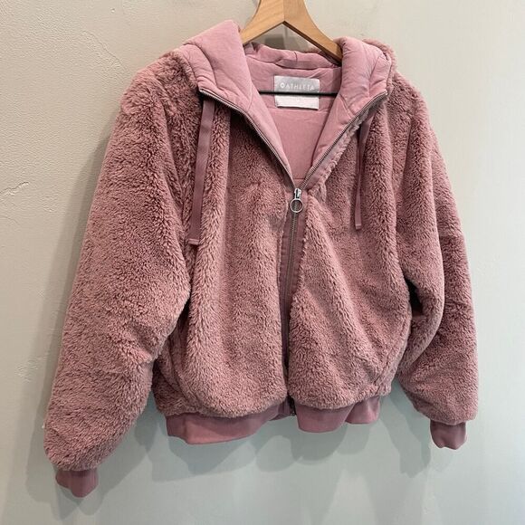 Athleta Ritual Jacket Faux Fur Hoodie Mauve Pink - Size: Medium - Picture 8 of 10